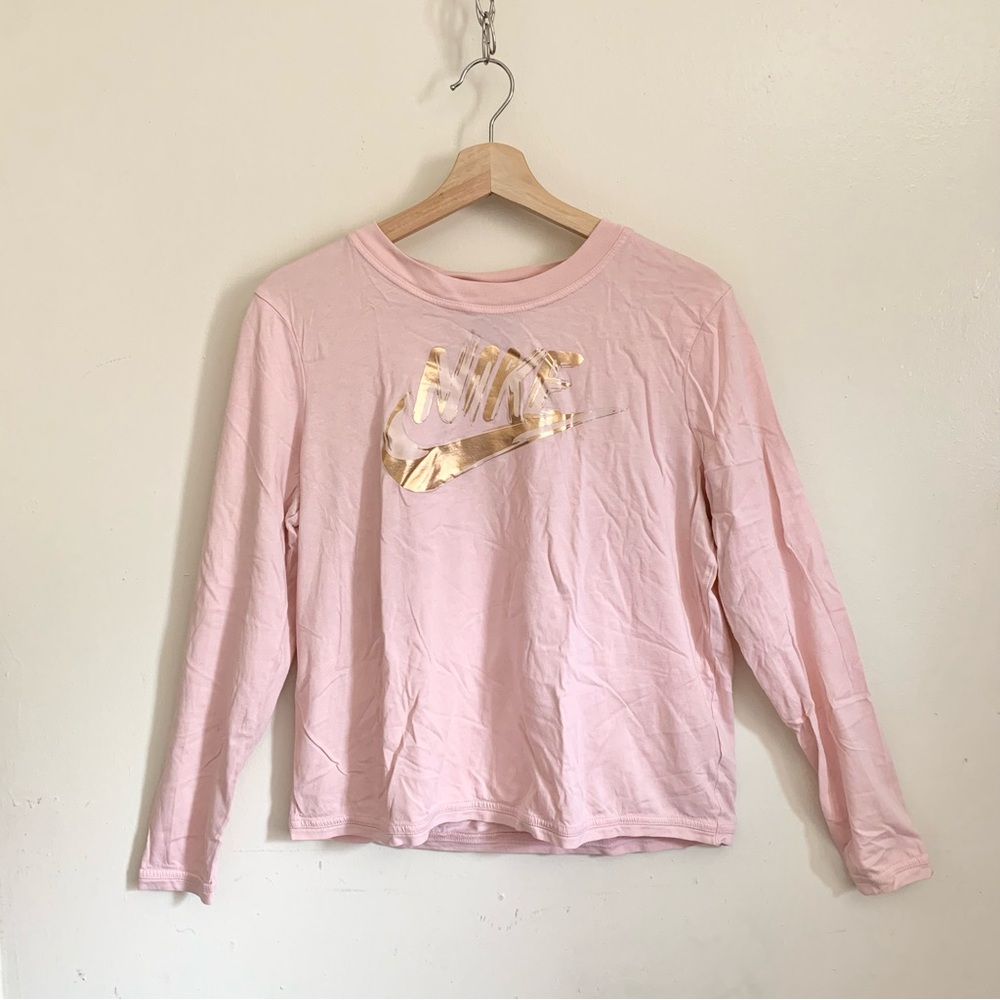 Nike Pink Gold Print Crewneck Long Sleeves Tee Shirt Medium